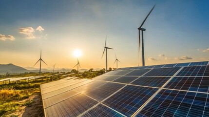 An expansive renewable energy farm with rows of solar panels and wind turbines generating clean electricity under a sunny sky, Renewable energy farm scene, Sustainable power style