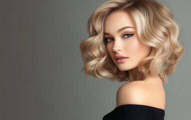 Naklejka premium Beautiful blonde model girl with short curly hair . Smiling woman hairstyle wavy curls . Fashion , beauty and makeup portrait 