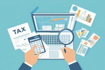 Tax payment concept. State Government taxation, calculation of tax return. Man fills the tax form, documents, calendar, calculator, laptop. Pay the bills, invoices, payrolls. Vector illustration.