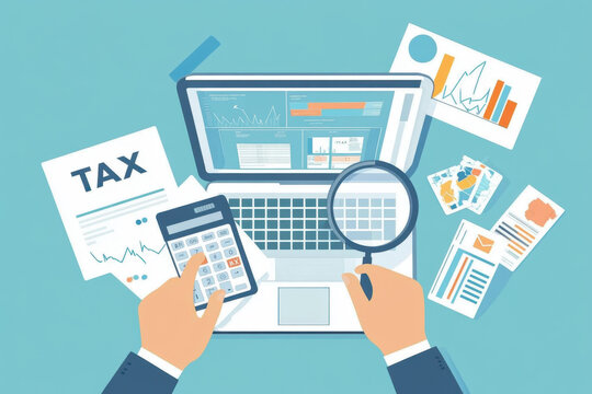 Tax payment concept. State Government taxation, calculation of tax return. Man fills the tax form, documents, calendar, calculator, laptop. Pay the bills, invoices, payrolls. Vector illustration. - Powered by Adobe