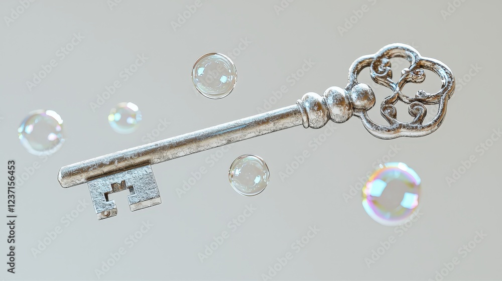 Poster silver key floating in air surrounded by colorful bubbles, capturing a whimsical and enchanting atmo