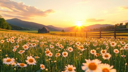 Obraz premium Wildflower field seasonal rustic concept. A serene landscape featuring a field of daisies under a golden sunset, with mountains and a barn in the background.
