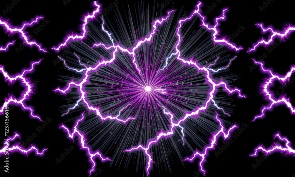 Poster vibrant purple lightning bolts radiate from central point, creating dynamic and energetic visual eff