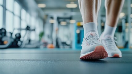 Fitness journey: close-up of athlete's shoes in modern gym setting for workout motivation
