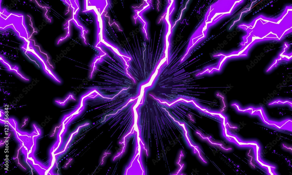 Poster vibrant purple lightning bolts radiate from central point, creating dynamic and electrifying visual 