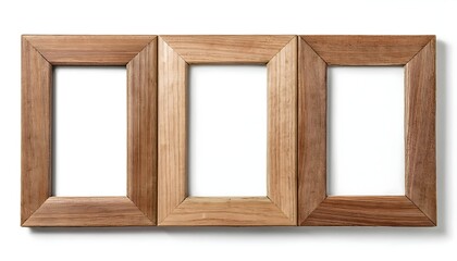 Empty vintage natural wooden photo frame mockup isolated on white background. Three empty wood frames
