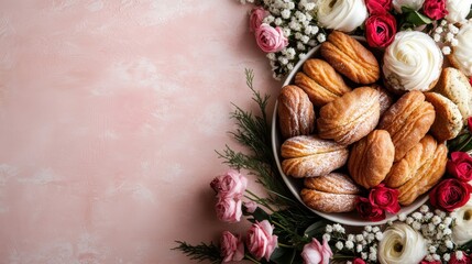 An elegant assortment of pastries beautifully arranged with floral touches, perfect for celebrations or as a delightful centerpiece for any table setting.