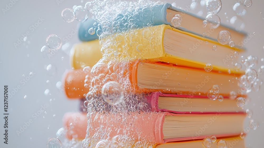 Poster colorful books floating in bubbles against a soft background, creating a whimsical and dreamy atmosp