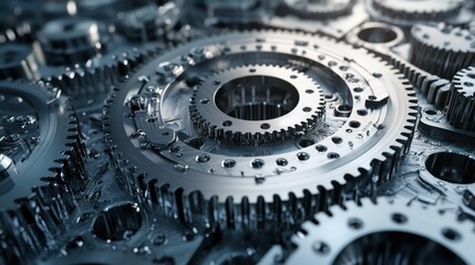 Intricate Close-Up of Metallic Gears and Cogs in Industrial Design
