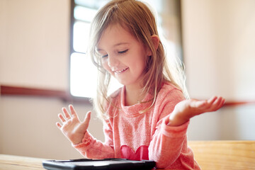 Child, student and play on tablet in classroom streaming lesson, elearning website and problem...