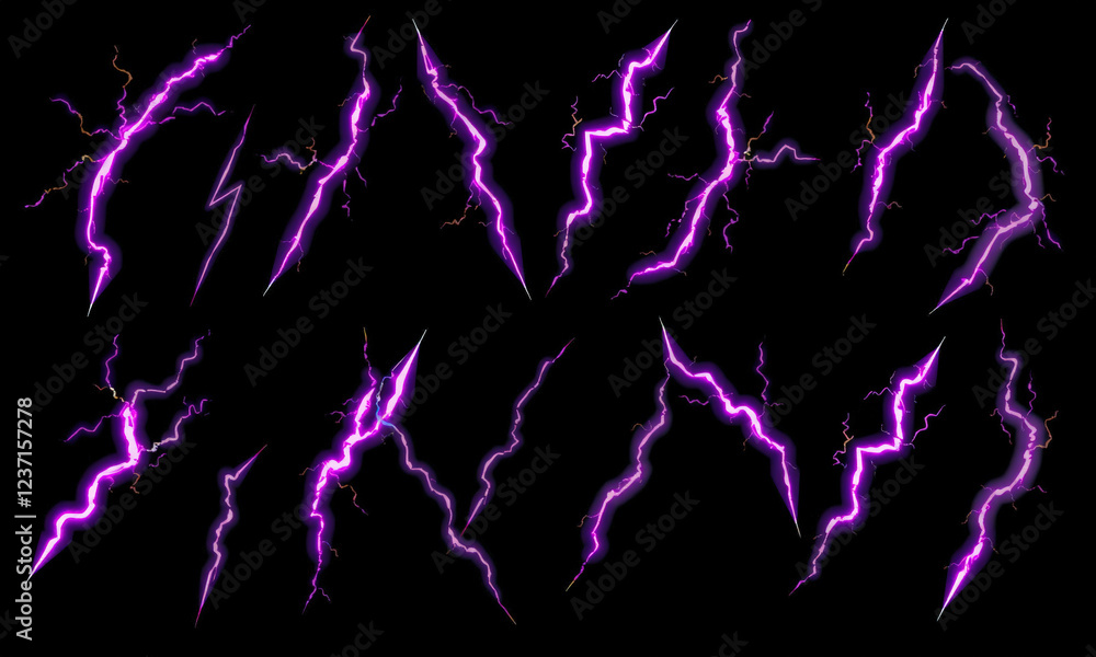 Poster purple lightning bolts on black background, showcasing various shapes and sizes, creating dynamic an