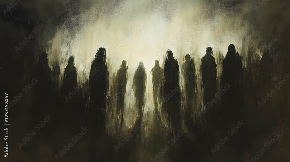 Poster shadows shifting subtly in darkness, implying the presence of invisible spirits or ghostly entities 