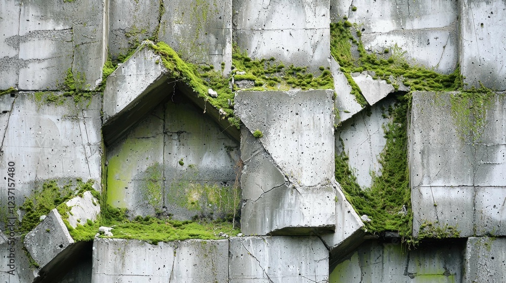 Poster moss and texture on abstract concrete wall with unique patterns