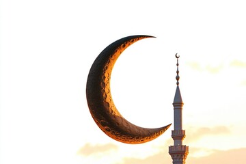 Sunset image of a mosque silhouette with the crescent moon above it, symbolizing Islam's connection to the sky and the end of day.
