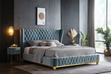 Elegant Teal Velvet Bed with Gold Accents in Modern Bedroom