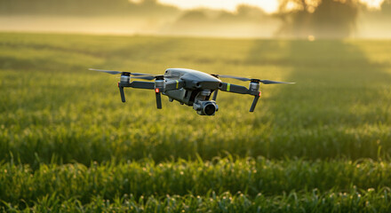 Drone flying over a lush green field at sunrise, capturing stunning aerial views
