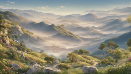 A serene daytime landscape with light tones, showing distant mountains, mist-covered lower hills, forests, and a calm river in the foreground.