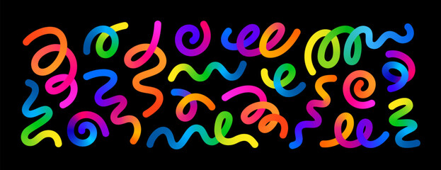 Colorful Vector Confetti. Abstract Background with Gradient Lines. 3D Celebration Ribbon. Color Birthday and Carnival Elements. Illustration of Rainbow Firecracker, Surprise Gift and Spiral Serpentine