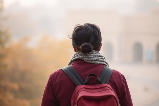 Traveler with Backpack Exploring Autumn Destination