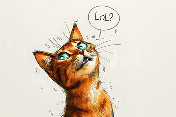 whimsical cat illustration, a comical minimalist design featuring a puzzled cat with a lol thought bubble, in a cartoon style with simple yet expressive elements