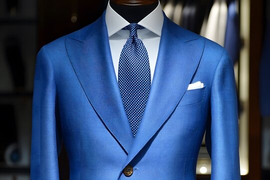 Elegant Blue Men s Suit with White Shirt and Polka Dot Tie Fashion Apparel