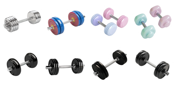 Dumbbell transparent collection set in png no background for decoration.