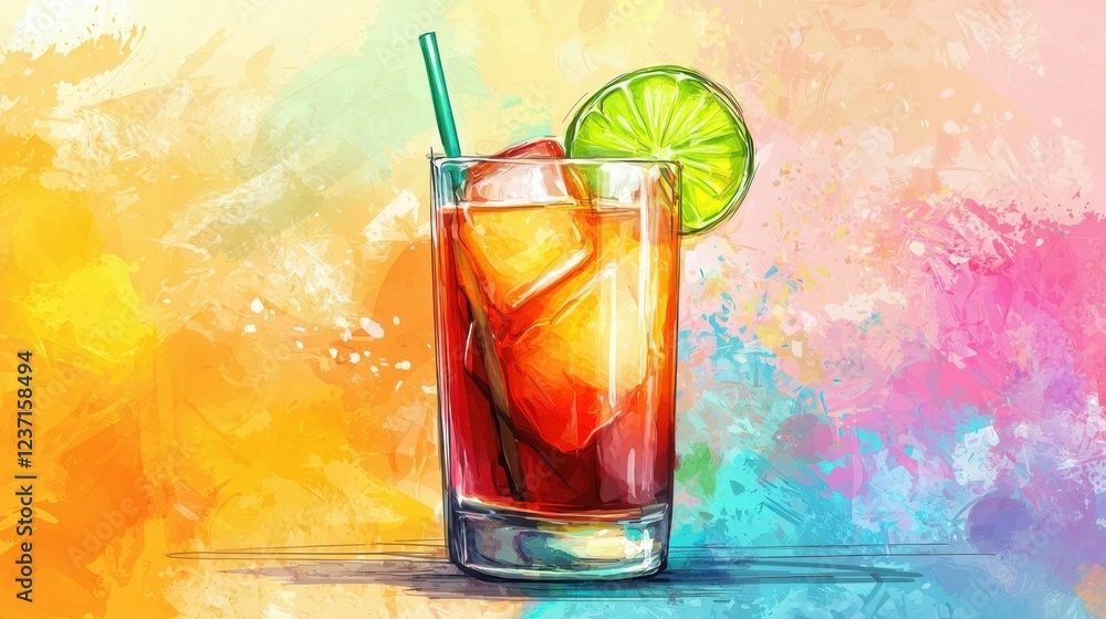 Poster refreshing beverage with ice and lime on colorful background