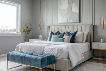 Fototapeta premium Elegant Bedroom Interior Design With Neutral Tones And Teal Accents