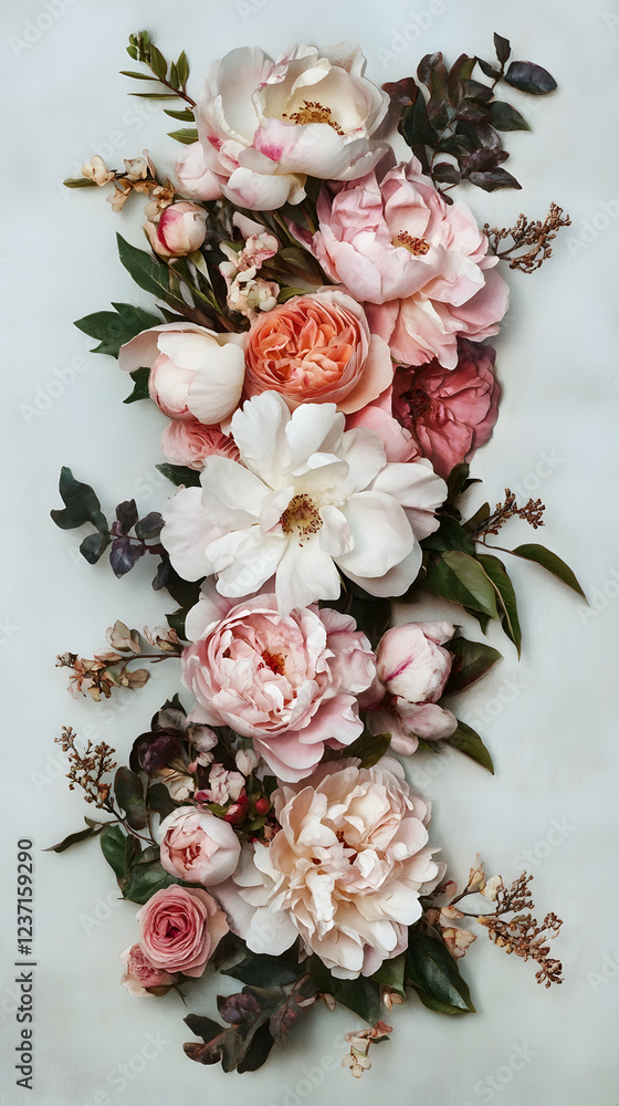 Poster spring roses and peonies elegantly arranged on an invisible rectangular frame in watercolor style -