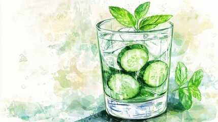 Refreshing Cucumber Mint Drink with Ice and Green Elements