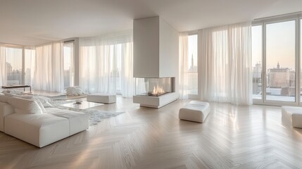 A contemporary apartment with ivory-colored herringbone parquet floors