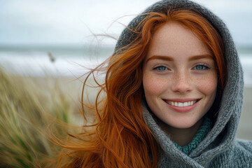Fototapeta premium Joyful redheaded girl smiles brightly on Zeeland beach in cloudy weather