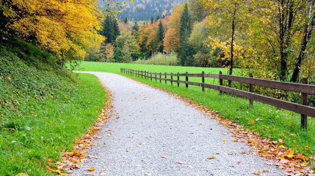 Autumnal path, valley view, fall leaves, peaceful walk