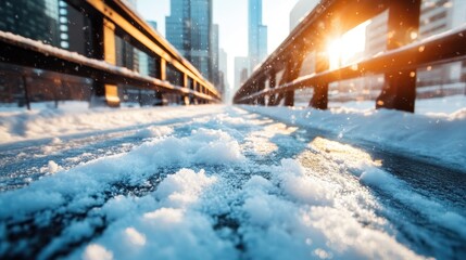 Fototapeta premium A picturesque urban snowy pathway is illuminated by the warm sunset glow, framed by towering buildings, creating a serene moment amidst city life.