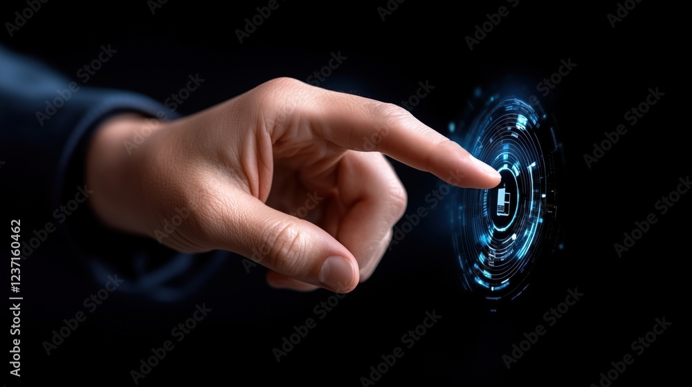 Poster hand reaches out to touch a futuristic digital interface, showcasing a blend of technology and inter