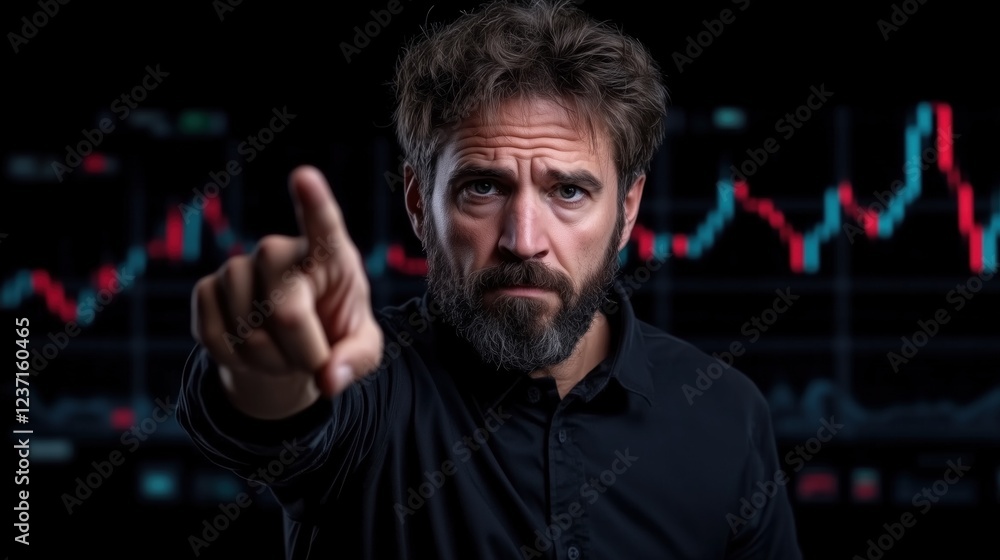 Poster man with a beard in a black shirt gestures with a serious expression while analyzing financial data 