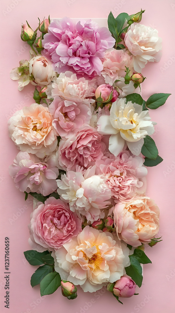 Poster Summer roses and peonies arranged on an invisible rectangular frame in a soft watercolor style  -