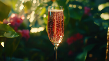  Champagne Glass in a Garden Toasting, with Sunlight Filtering Through Greenery Creating a Warm and Elegant Atmosphere