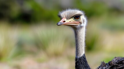 Ostrich portrait, wildlife reserve, blurred background, nature photography, website banner