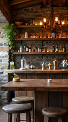 Country bar background with table on rural landscape.