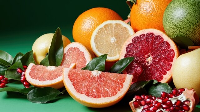 A vibrant arrangement of various citrus fruits including oranges, grapefruits, lemon, and pomegranate displayed beautifully on a green background.