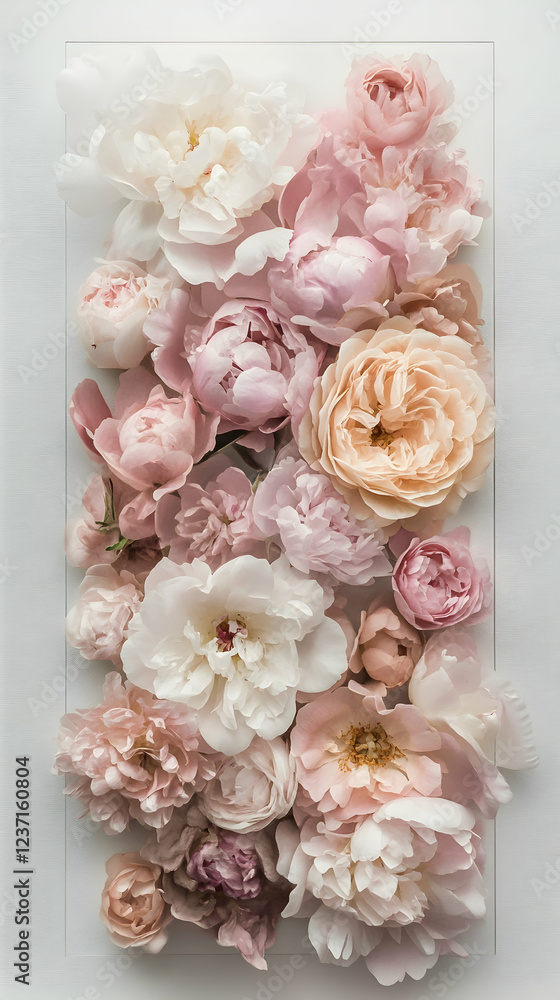 Poster summer roses and peonies arranged on an invisible rectangular frame in a soft watercolor style -