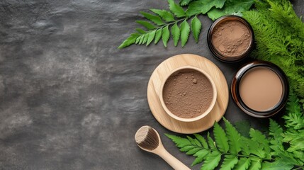 Natural beauty products are artfully displayed on a textured surface, surrounded by green leaves and wooden accents, creating a serene vibe for skincare lovers