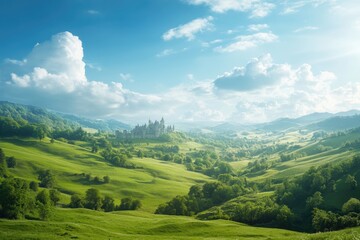 Fototapeta premium A lush, green countryside with a castle on a hill in the distance. The sky is partly cloudy and bright sunlight illuminates the landscape.