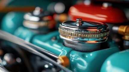 This image features a montage of shiny engine components in teal and chrome, highlighting the aesthetic appeal and intricate designs found in vintage automotive engineering.