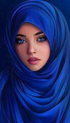 Naklejka premium Fictional Arab woman with headscarf. American Heritage Month or Ramadam kareem Blue banner