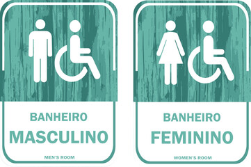 Placa para Banheiros Masculino e Feminino. Estilo R&uacute;stico. Com Textura de Madeira Verde.