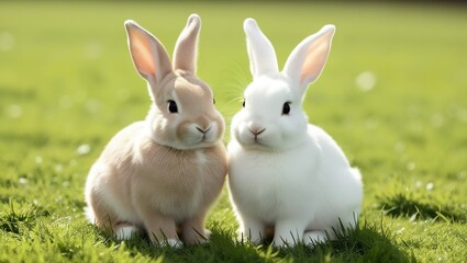 Obraz premium Cute gray and white rabbits sitting in green grass, Easter banner, card 2026