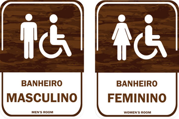 Placa para Banheiros Masculino e Feminino. Estilo Rústico. Com Textura de Madeira Marrom.