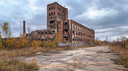 Abandoned Factory Building with Overgrown Vegetation and Grey Sky